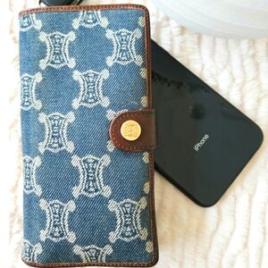 Authentic CELINE Macadam Vintage Denim Blue Bifold Long Wallet Clutch Card Hold